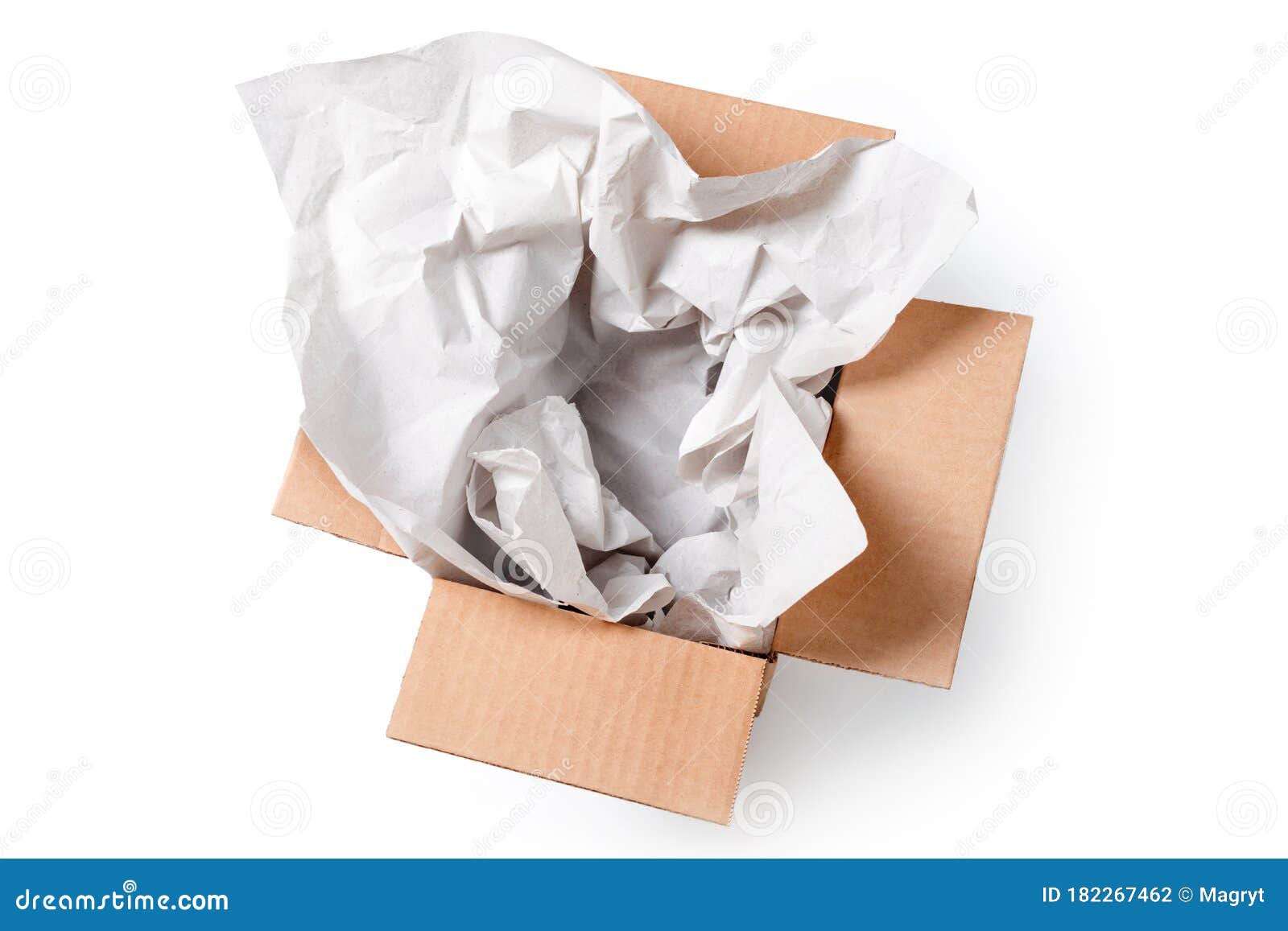 Download Open Empty Rectangular Cardboard Box With Wrapping Paper Isolated On White Background Mockup For Design And Advertising Stock Photo Image Of Horizontal Present 182267462