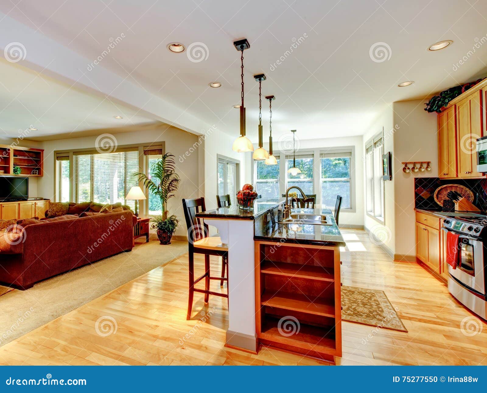 Open Floor Plan Kitchen Room Interior With Light Brown Cabinets