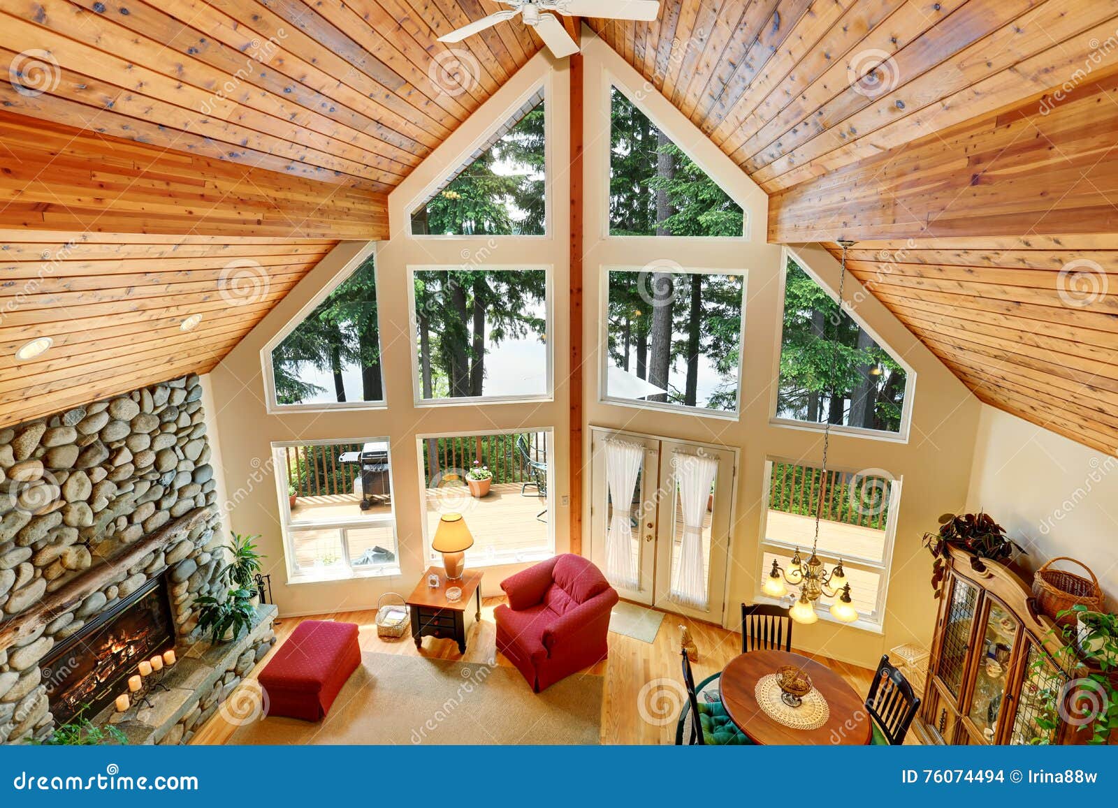 Open Floor Plan Living Room Interior With Rocks Trim Fireplace