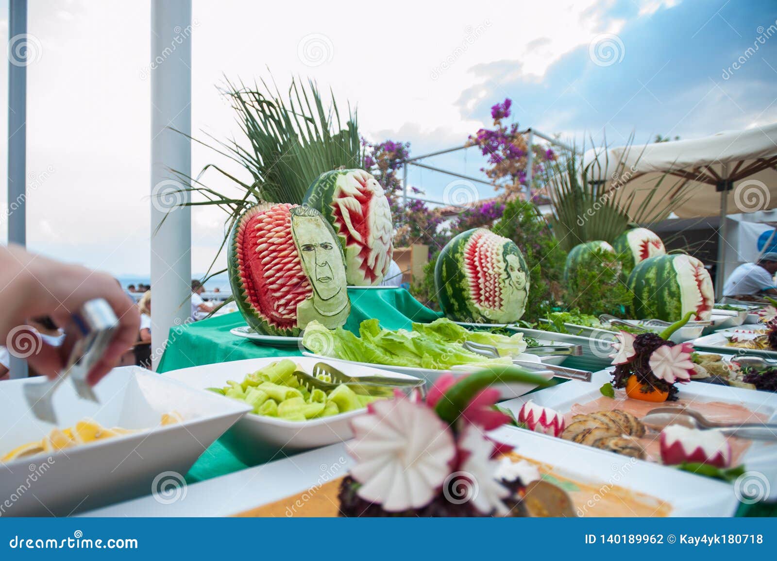 Open Fruit and Vegetable Table. Outdoor Table for Visitors Stock Photo