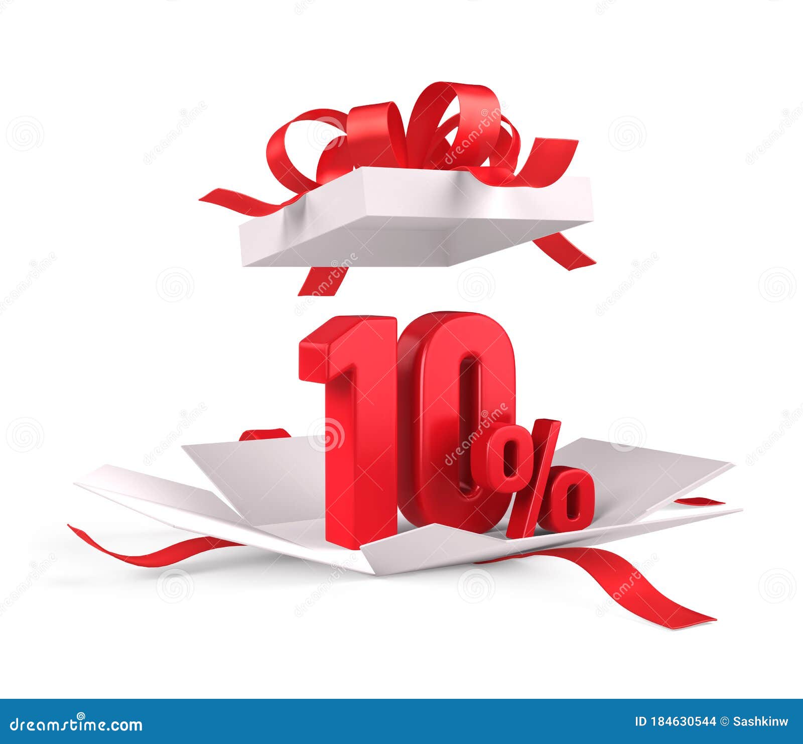 open gift box with red 10 percent discount on white background - discount sale concept