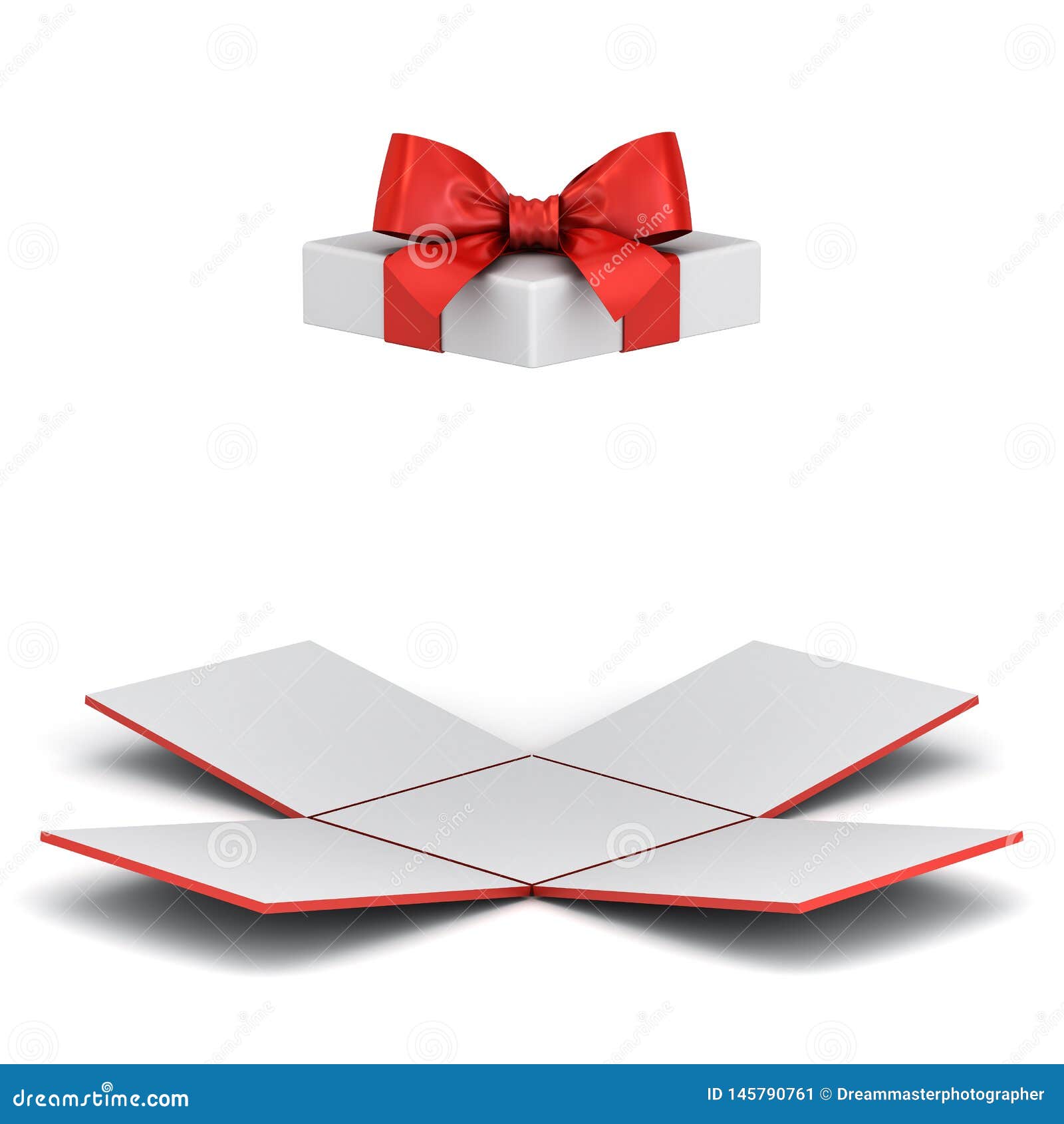 open gift box or unfold present box with red ribbon bow  on white background