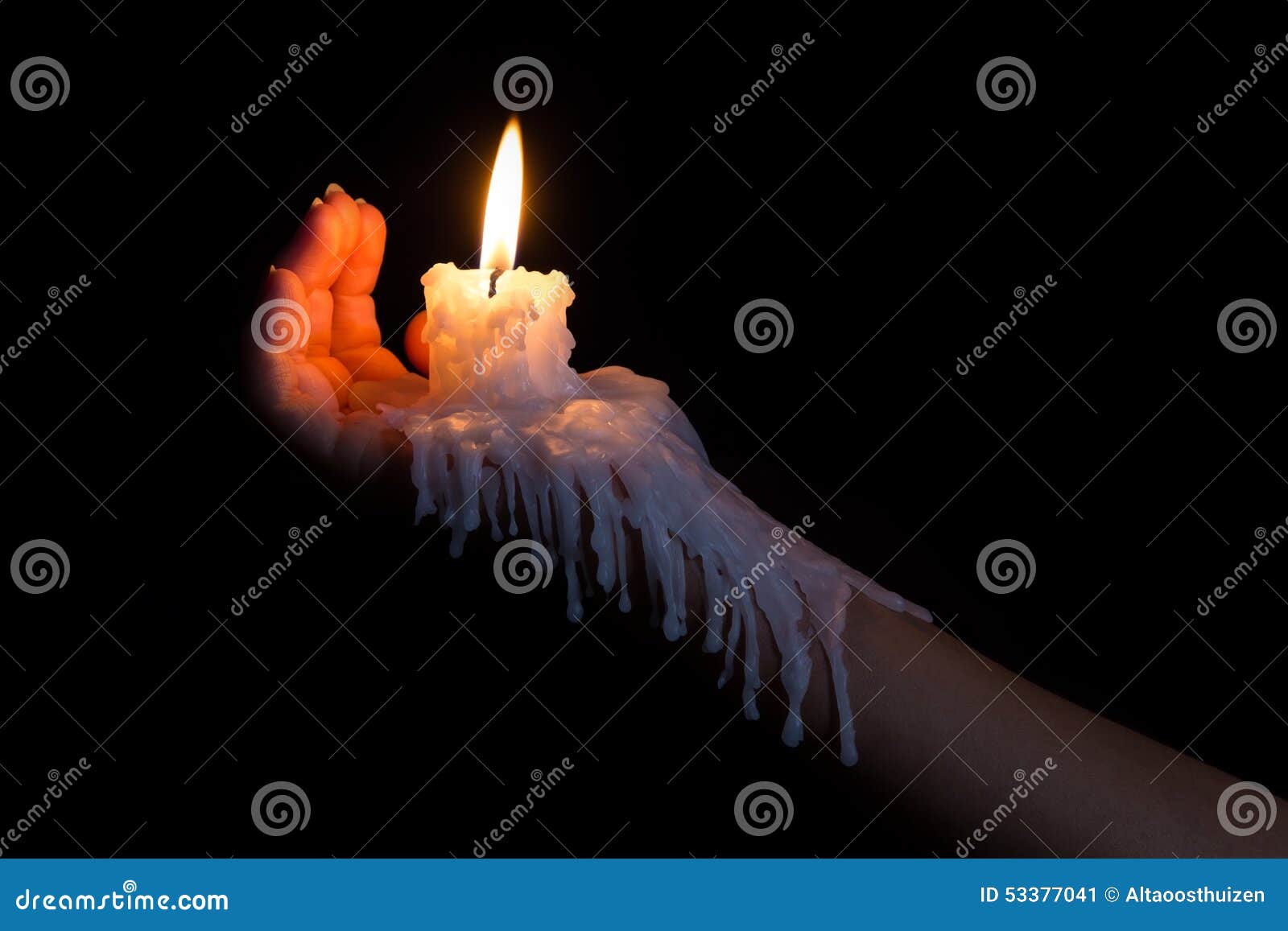 Open Hand Holding Candle Stick with Wax Flowing Down the Arm Stock