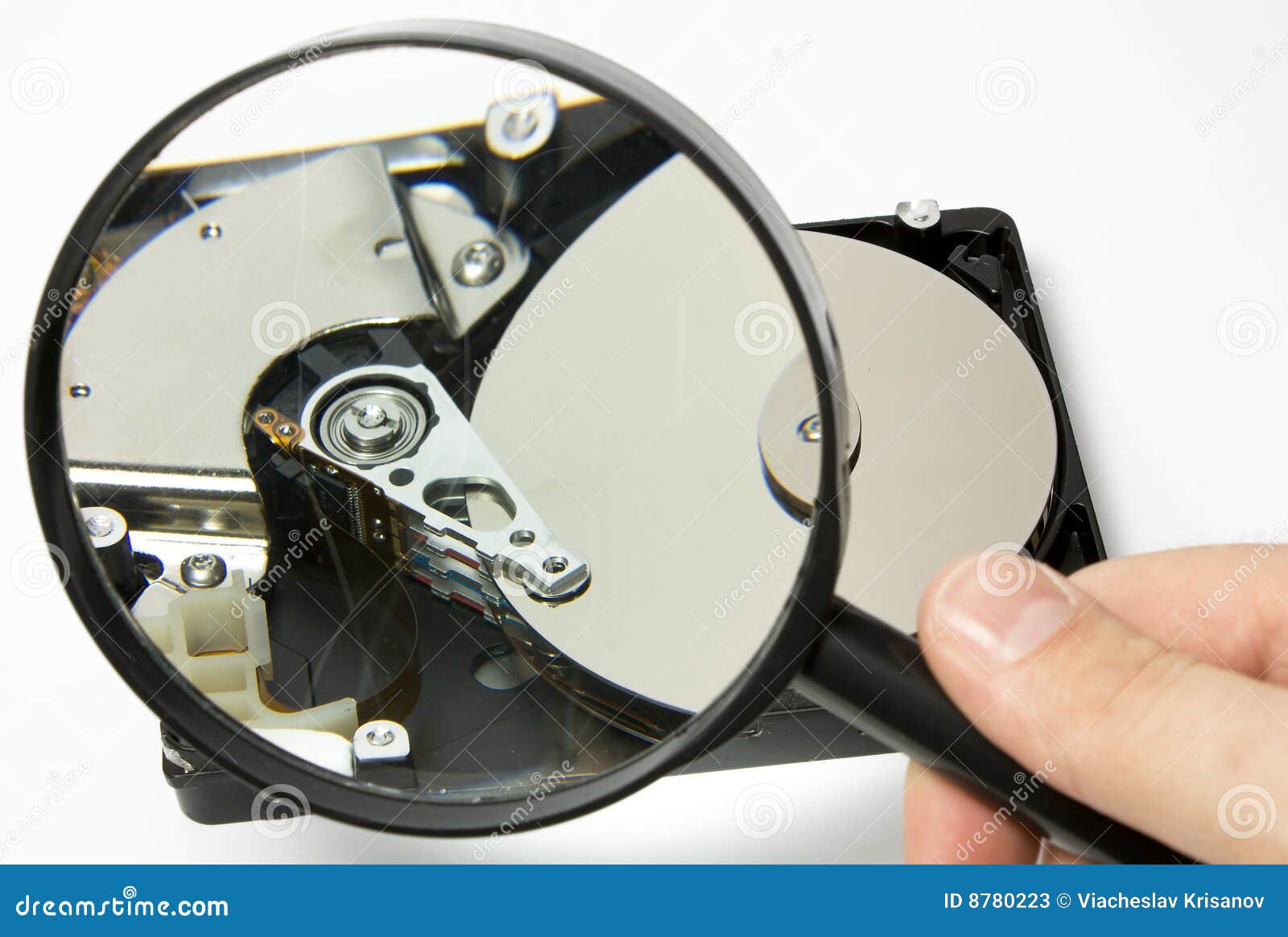 Open Hard Drive With Magnifying Glass Stock Image Image of industry