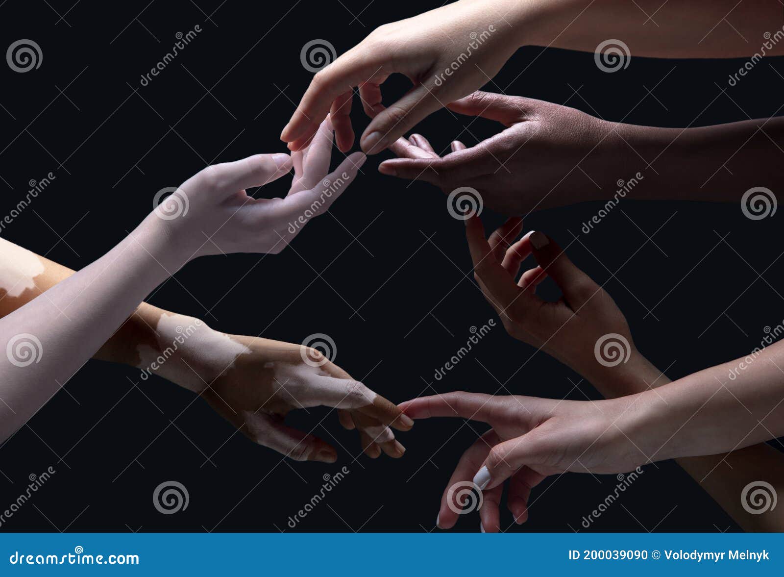 Hands of Different People in Touch Isolated on Black Studio Background ...
