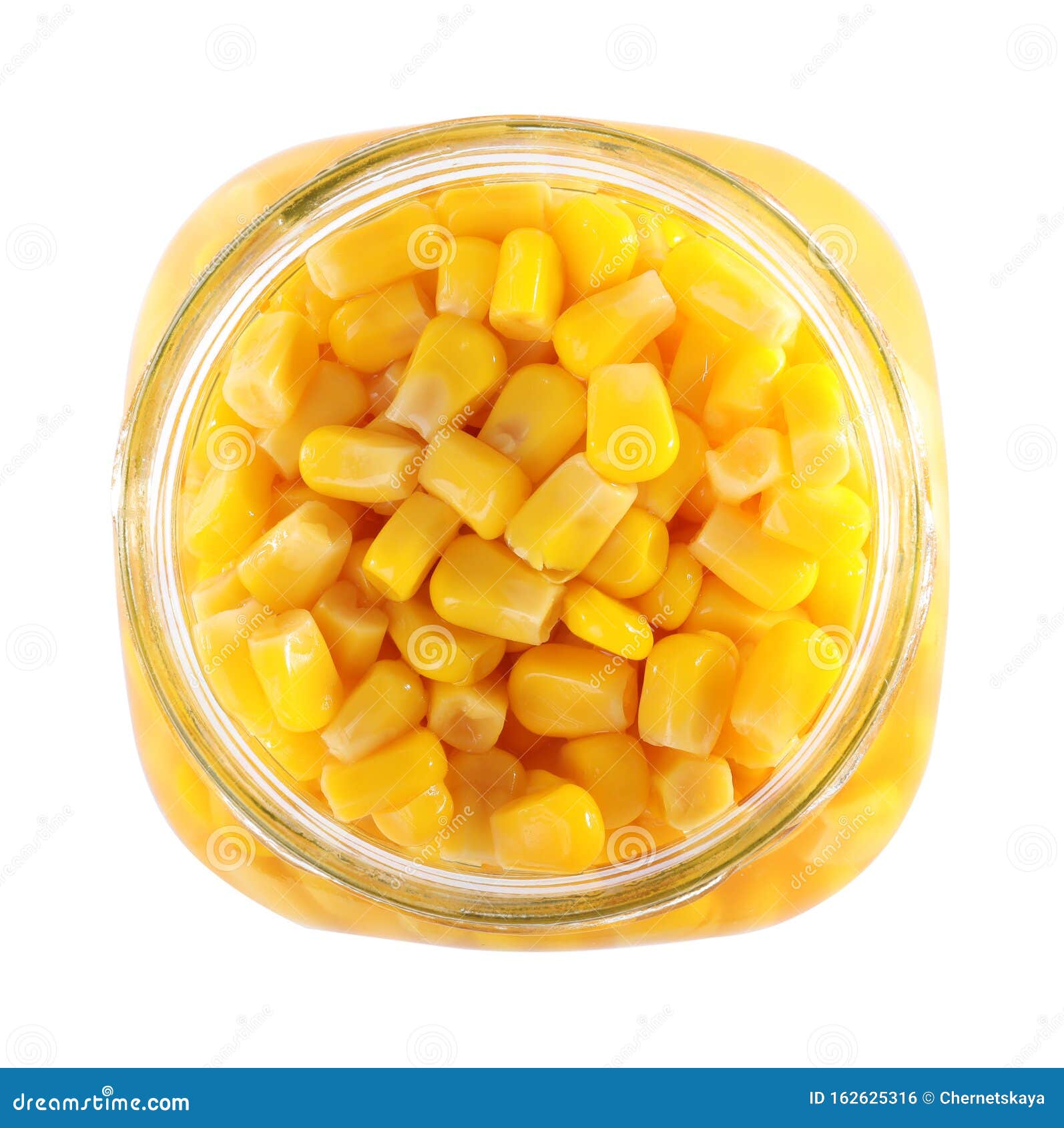 Open Jar with Pickled Sweet Corn on White, Top View Stock Photo Image