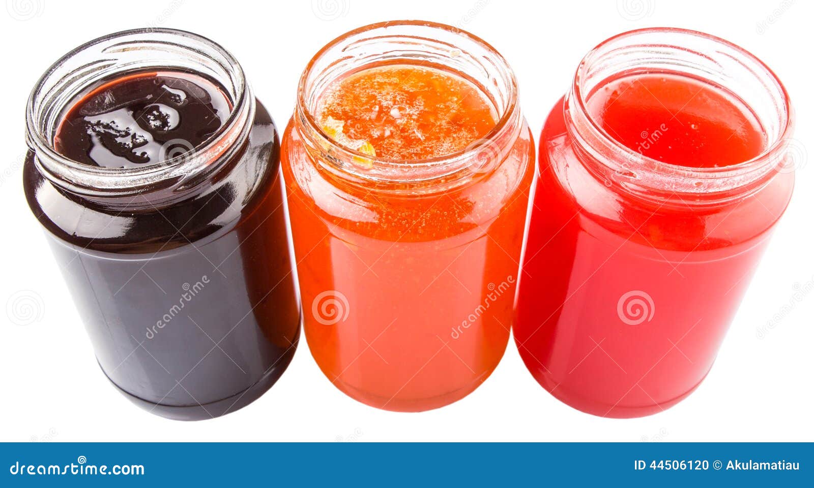 Open Lid Bottled Blueberry, Strawberry, Orange Jam I Stock Photo