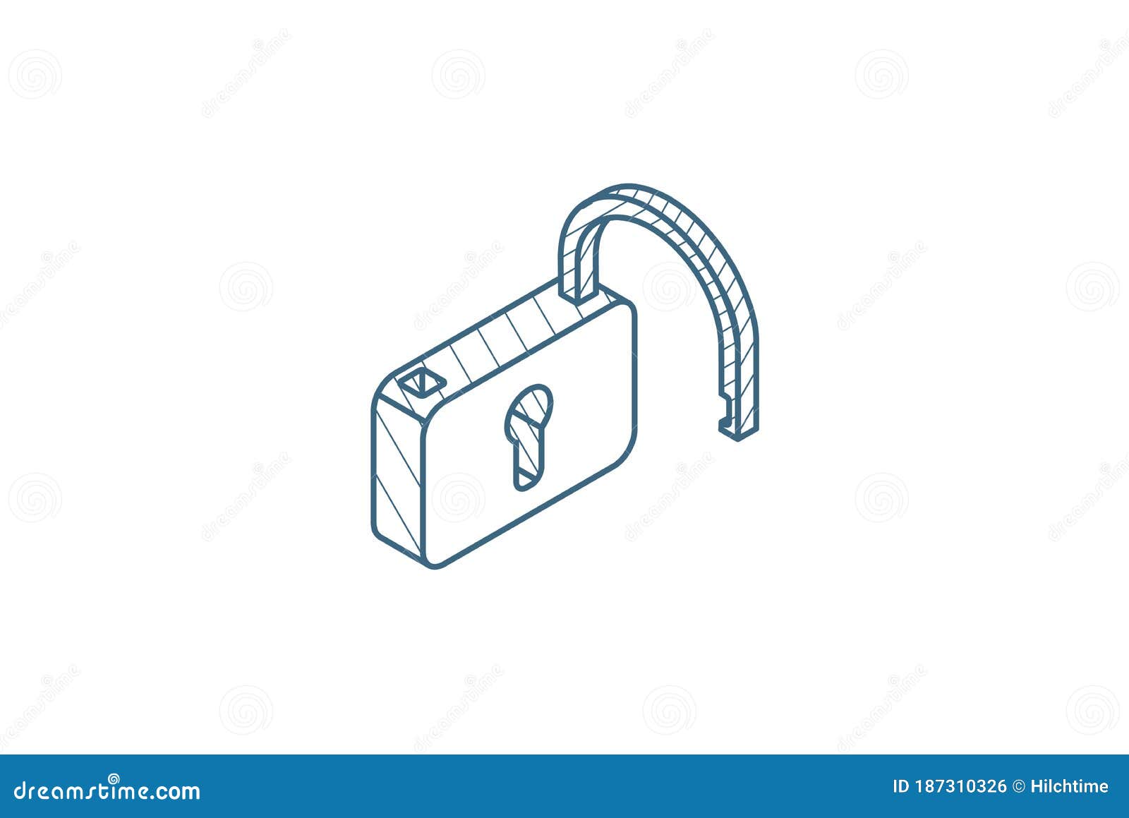 open lock, password, access isometric icon. 3d line art technical drawing. editable stroke 