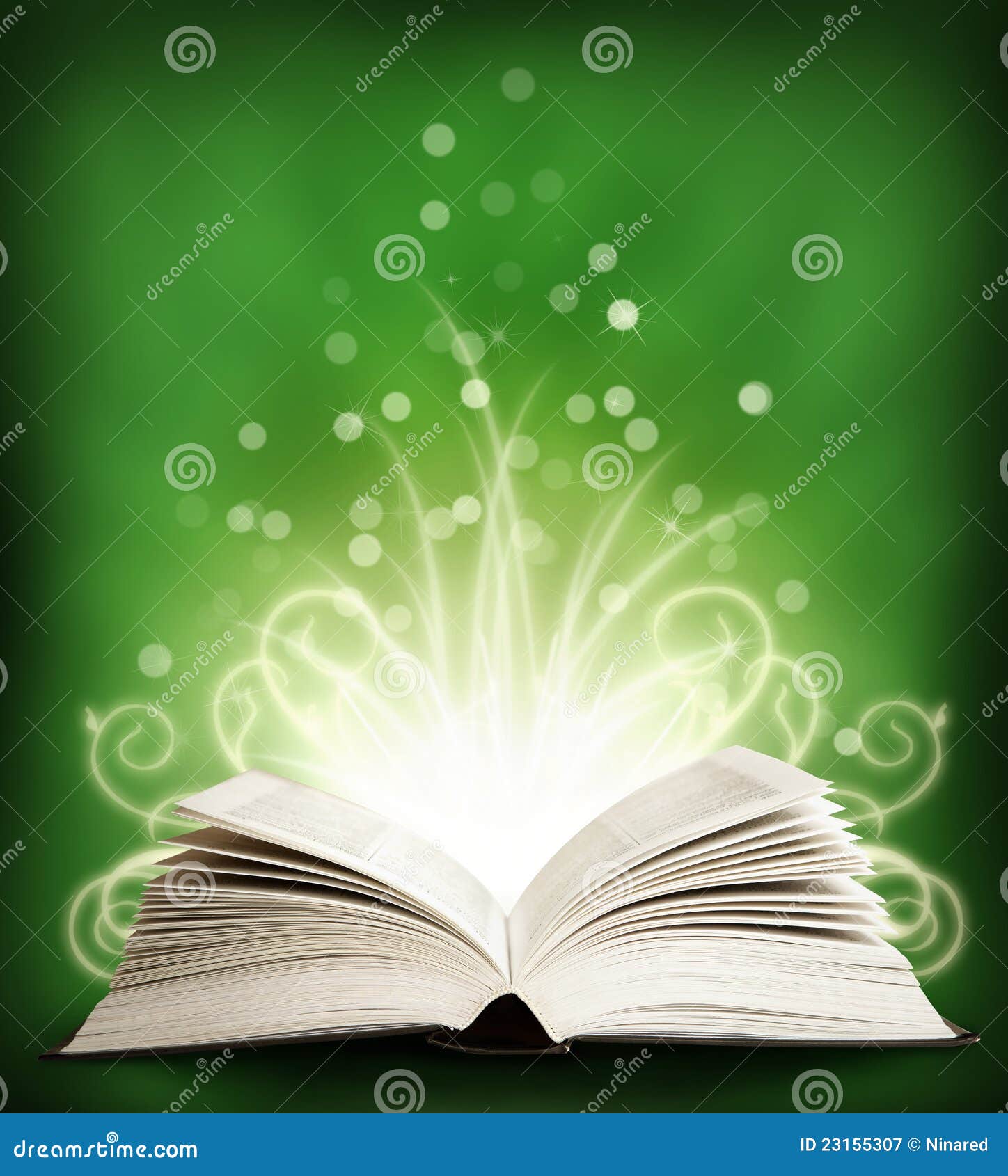 The open Magic Book with sparklings. green. The open Magic Book with sparklings on an green background