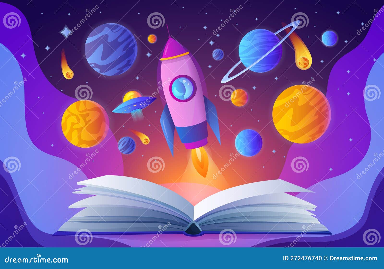 Open Magic Interesting Book with Fantasy Outer Space, Education and