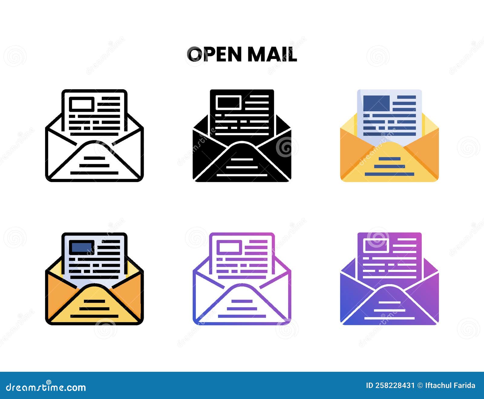 Open Mail Icon Set with Different Styles. Stock Vector Illustration