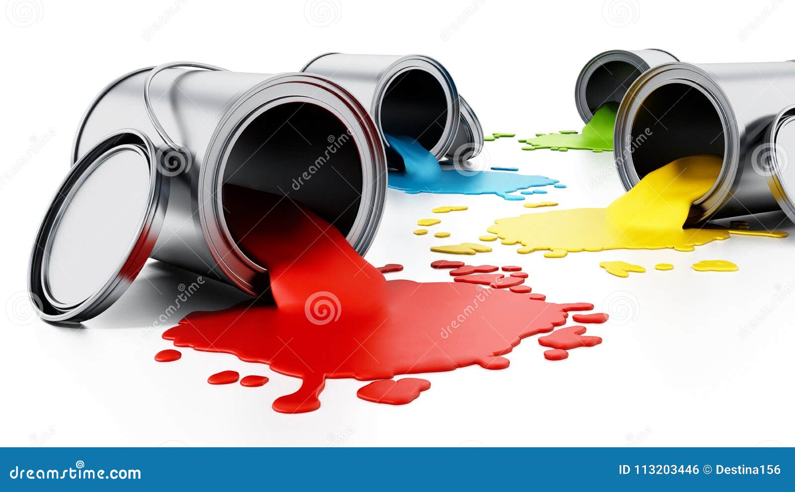 Open Metal Paint Cans with Spilled Paints. 3D Illustration Stock