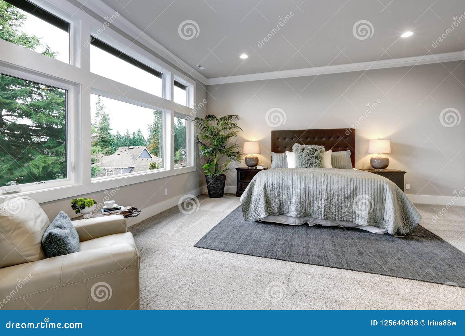 Open Modern Bedroom Interior With Large Windows And Grey
