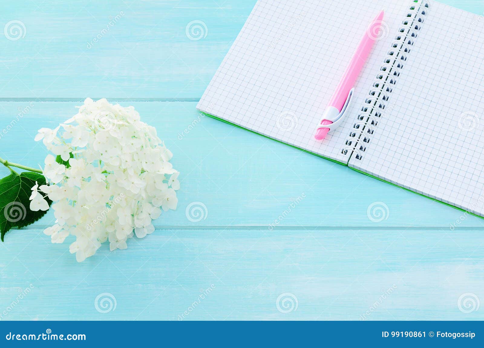 open notebook with pink pen, coffeecup and hydrangea