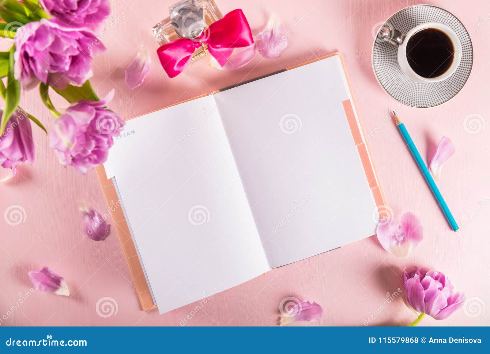 Open Notebook for Writing Dreams and Ideas with Flowers Nearby Stock ...