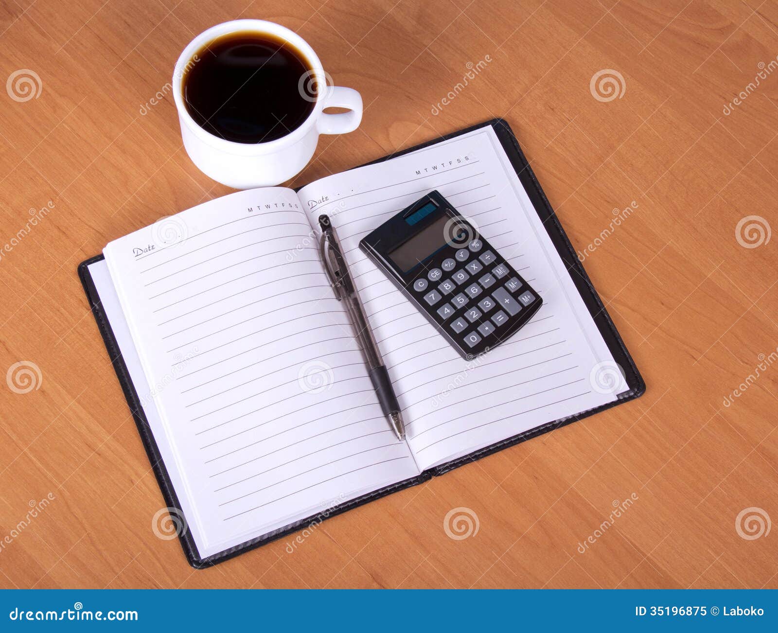 Open Notepad, Calculator and Cup of Coffee Stock Image - Image of
