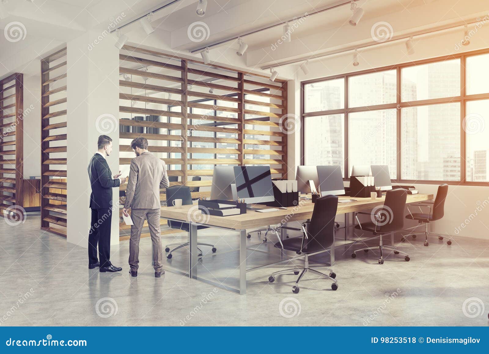 Open Office Interior With Plank Walls Men Stock Photo