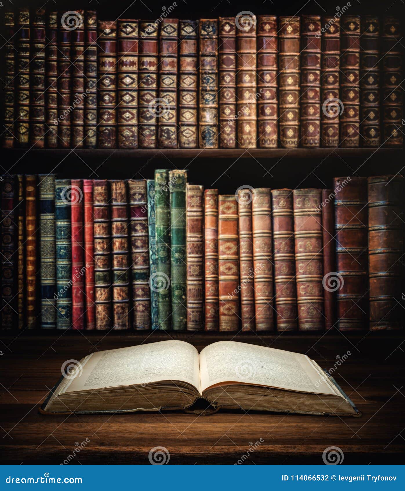 Open Old Book On A Bookshelf Background Stock Photo Image Of