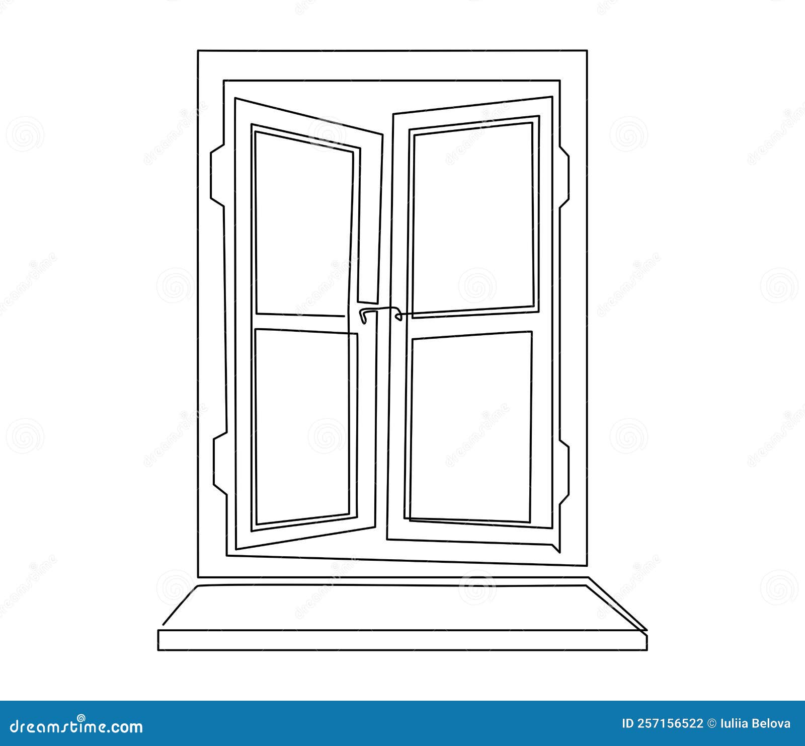 Open Old Window with Two Sashes. Continuous Line Drawing Stock Vector