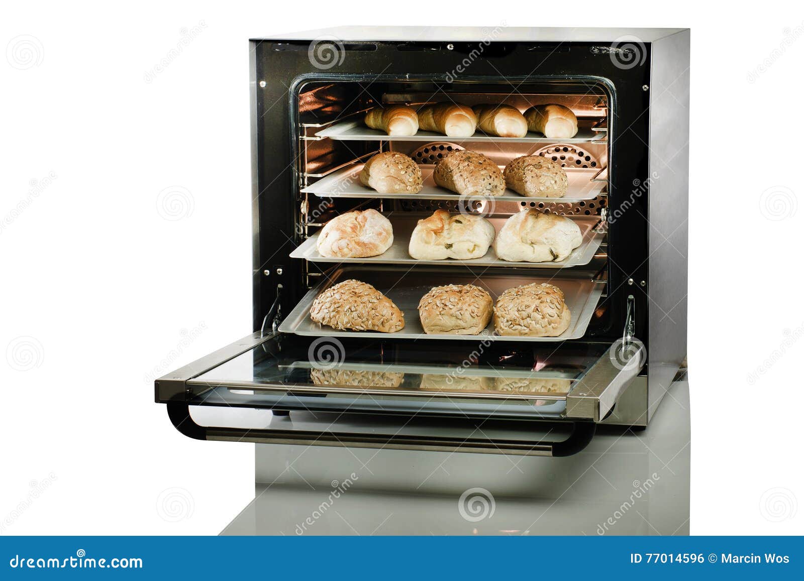 Open Oven With Fresh Baked Bread On White Background. Stock Photo