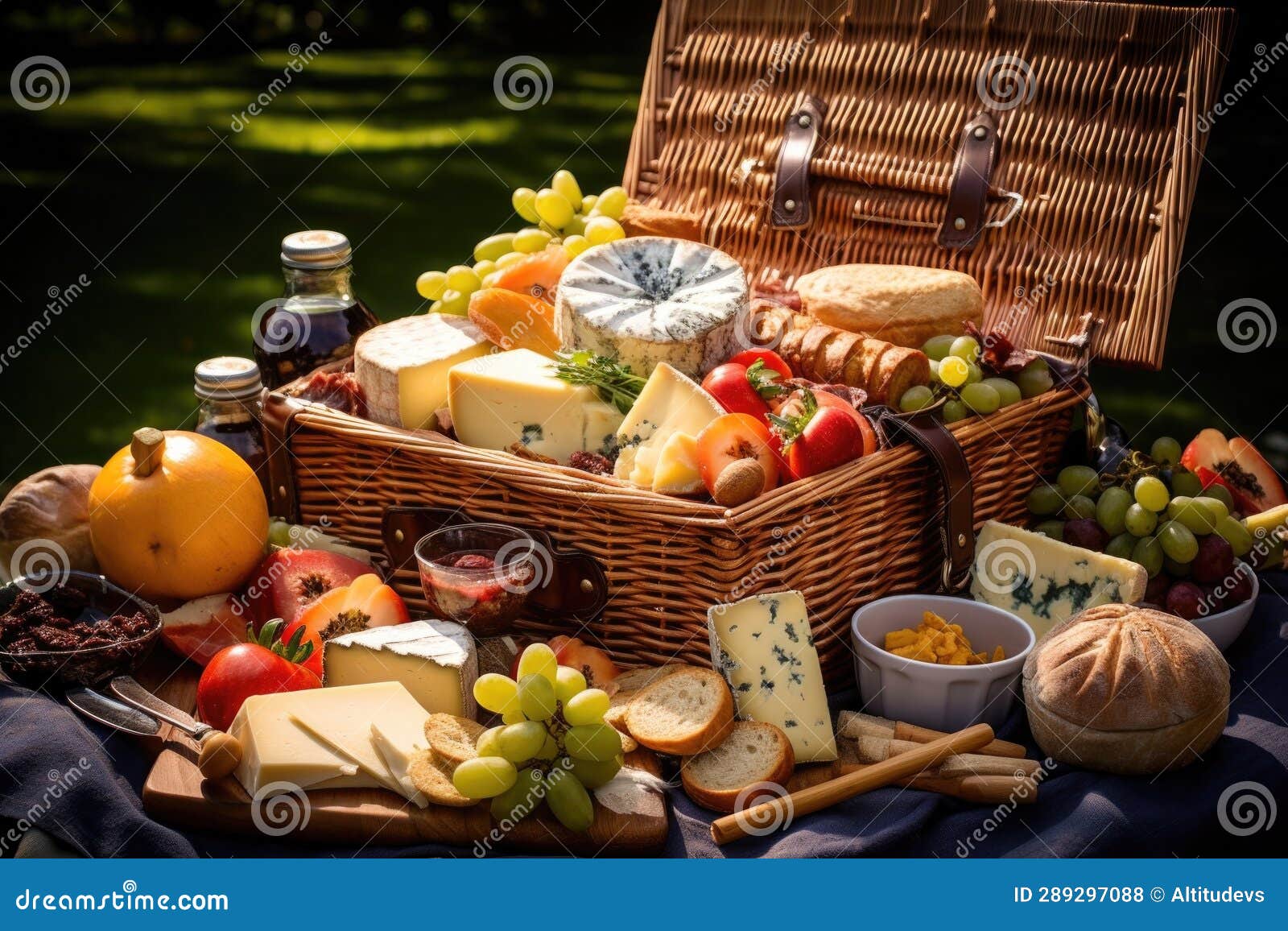 Open Picnic Basket Revealing a Selection of Cheeses Stock Illustration