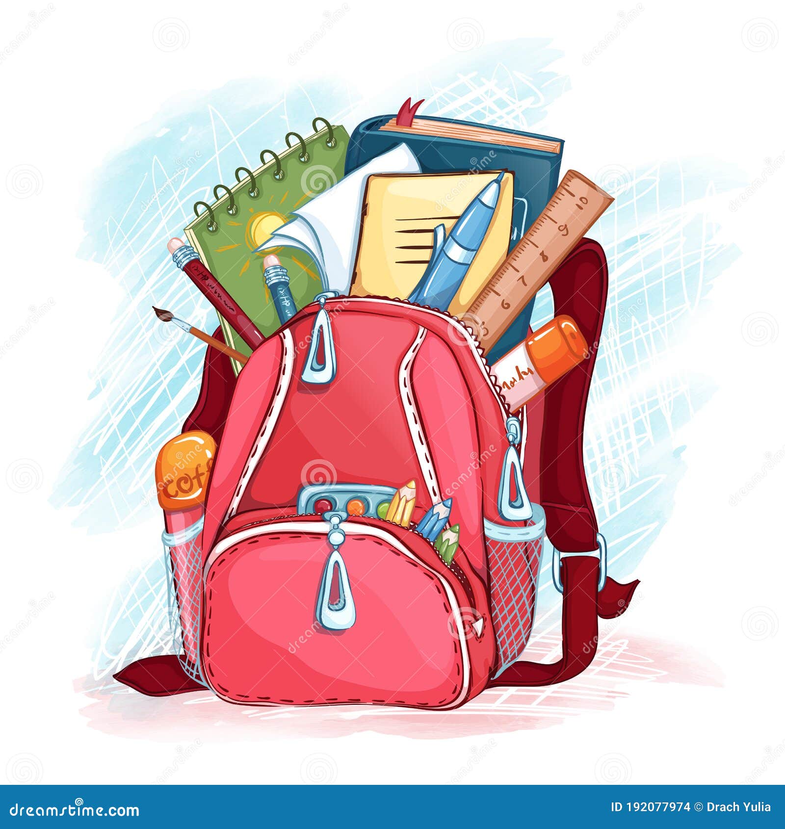 Open Pink School Bag with School Supplies. Stock Vector Illustration