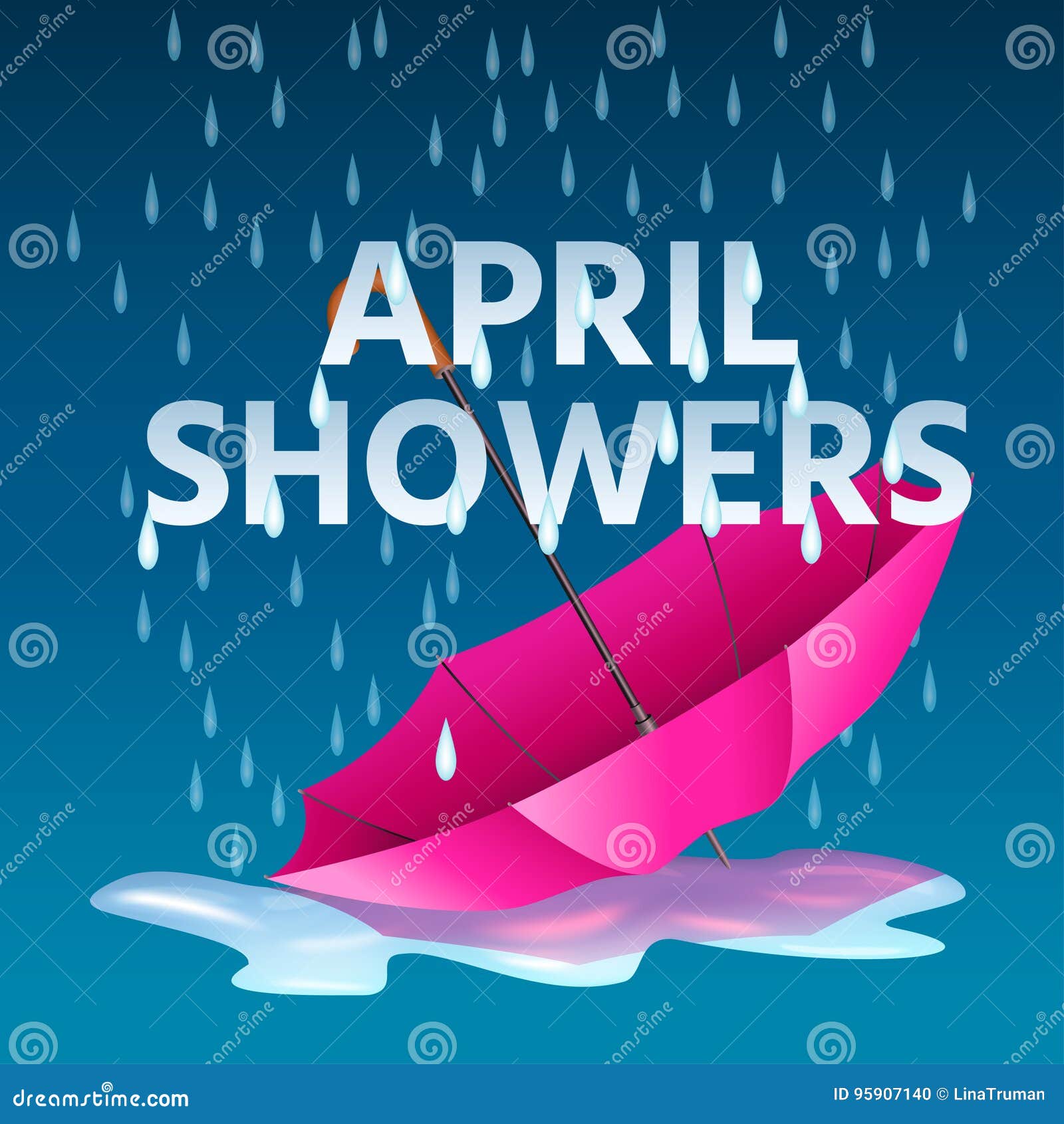 open pink umbrella in puddles with rain and text april showers