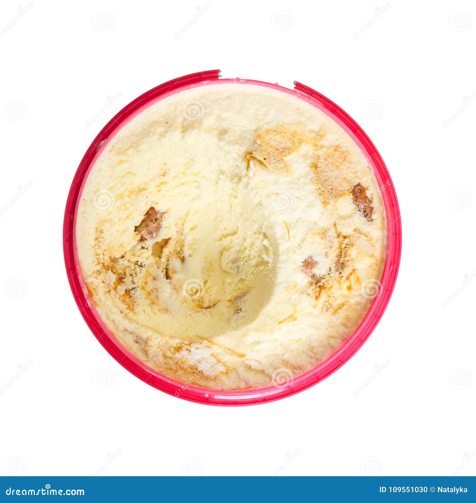 open plastic box of vanilla ice cream with nuts and caramel