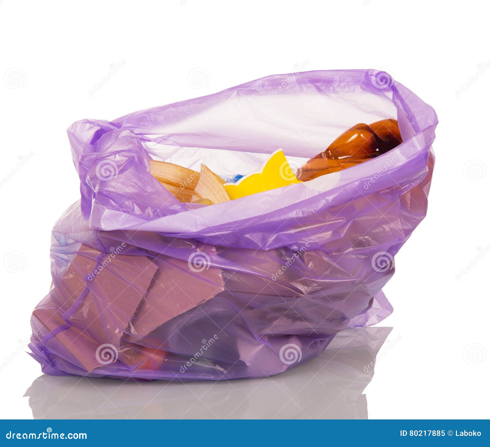 Open Purple Plastic Bag with Trash Isolated on White. Stock Image