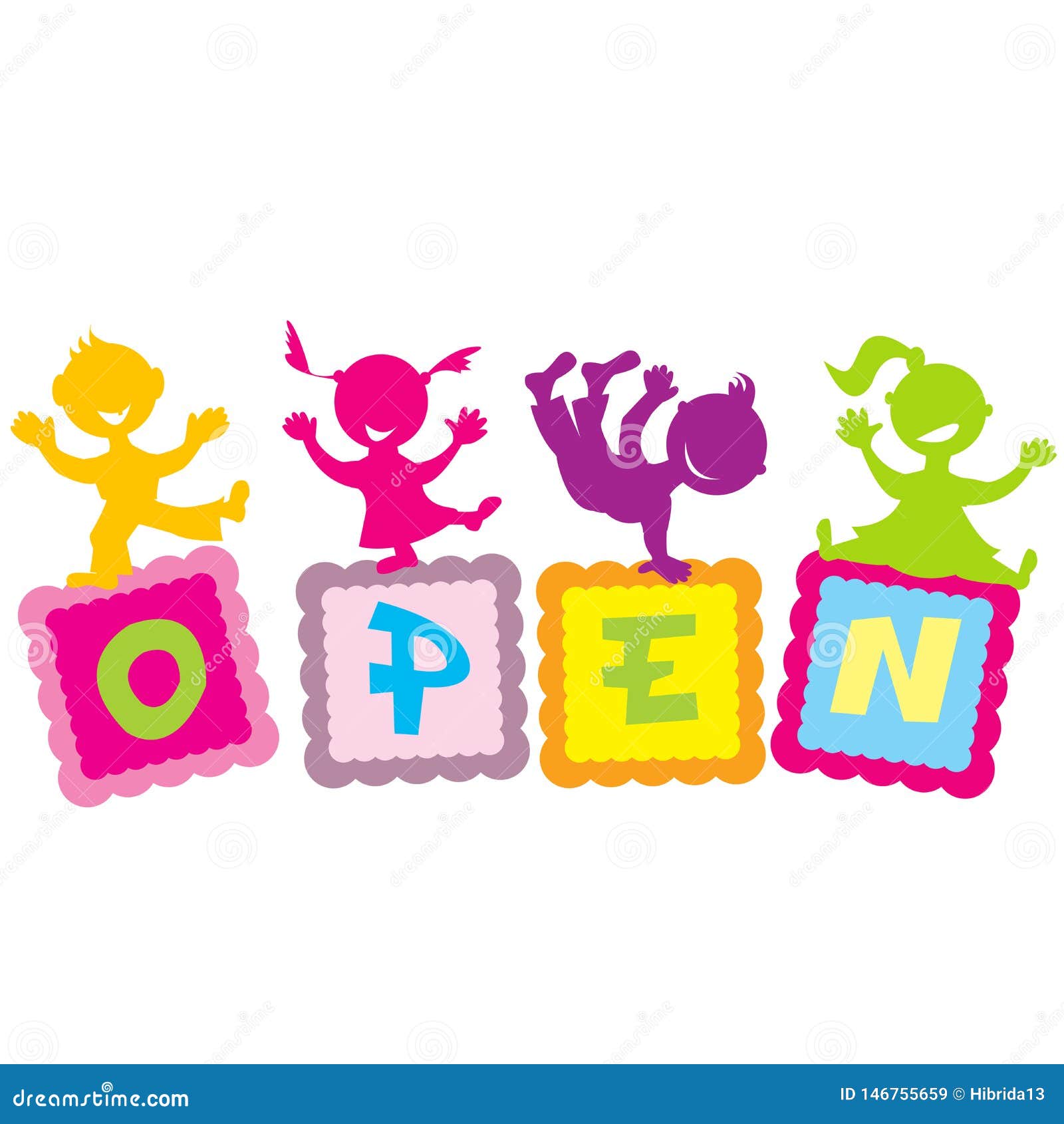 Open Sign with Cartoon Kids Stock Vector Illustration of blackboard