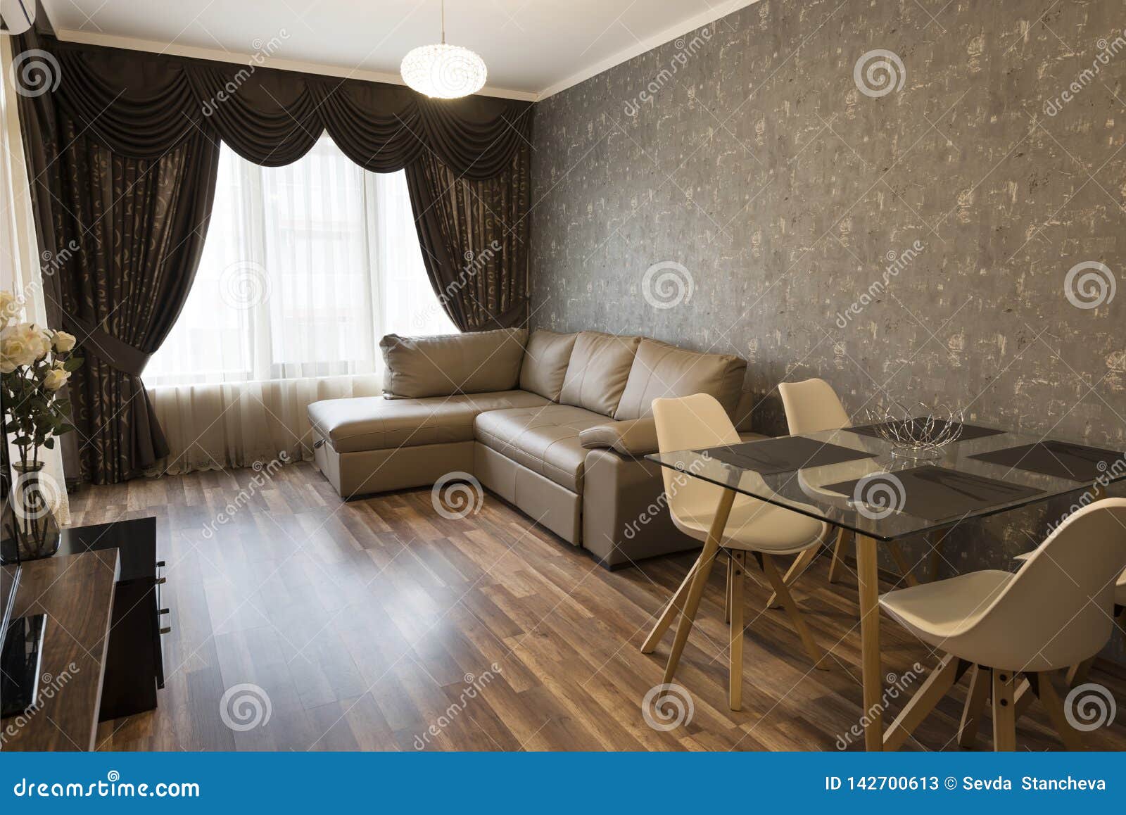 Open Space Living Room New Home Room With Brown Color Tone Furniture Windows With Long Curtains