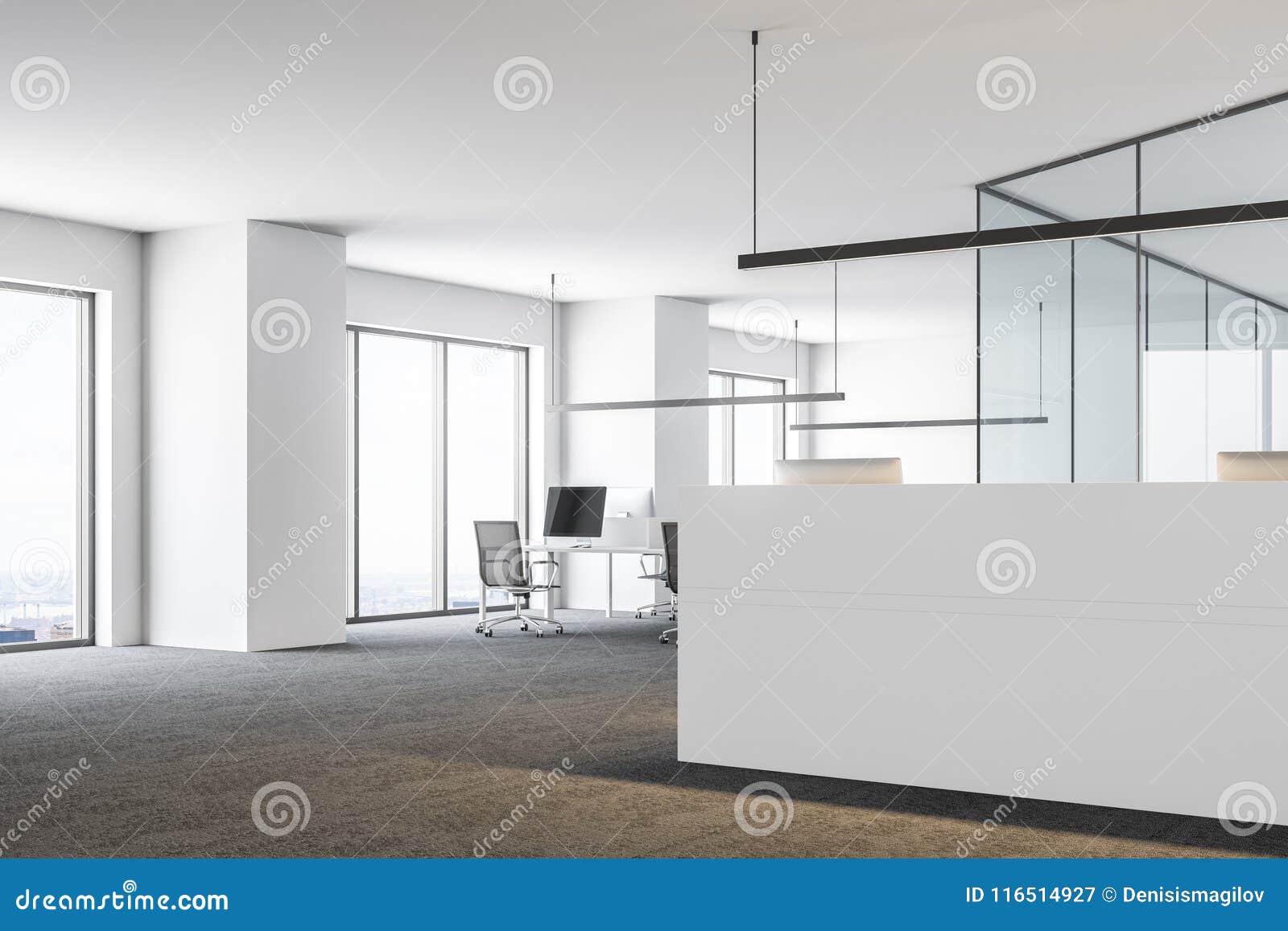Open Space Office With A White Reception Desk Side Stock