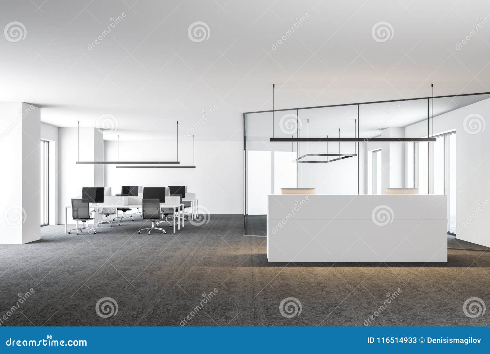 Open Space Office With A White Reception Desk Stock Illustration