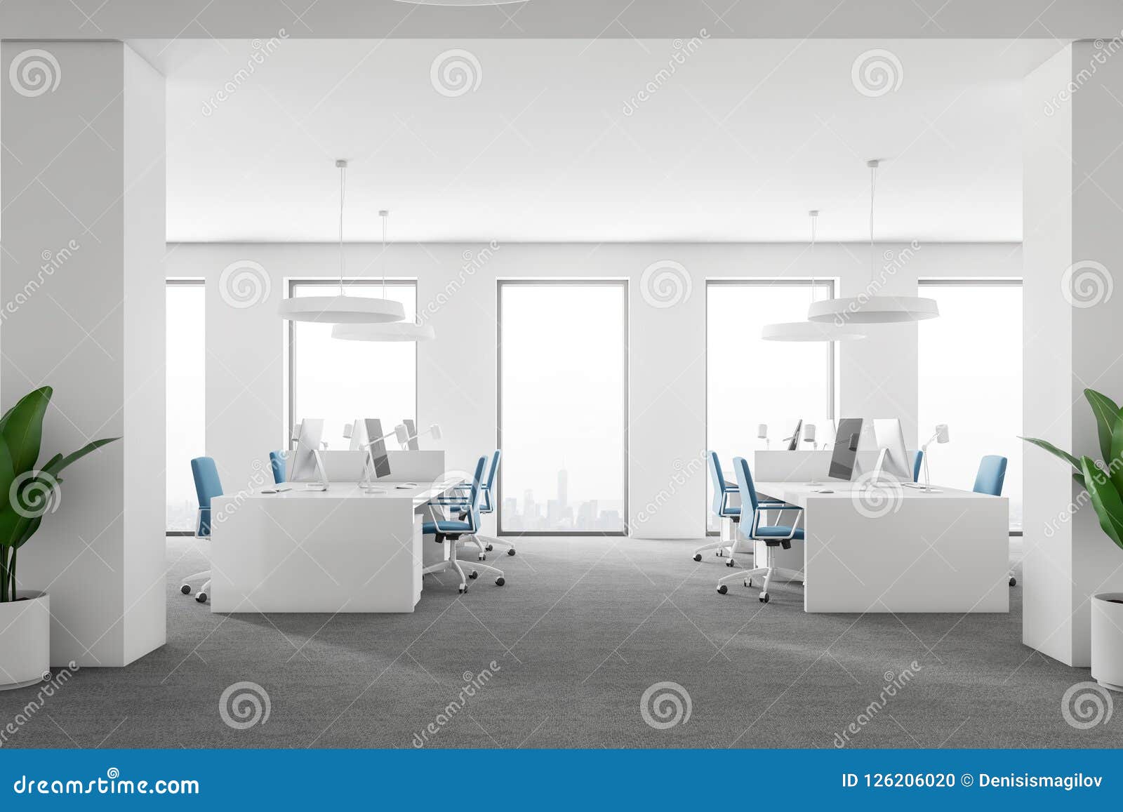 Side View Of White Loft Office Interior Stock Illustration