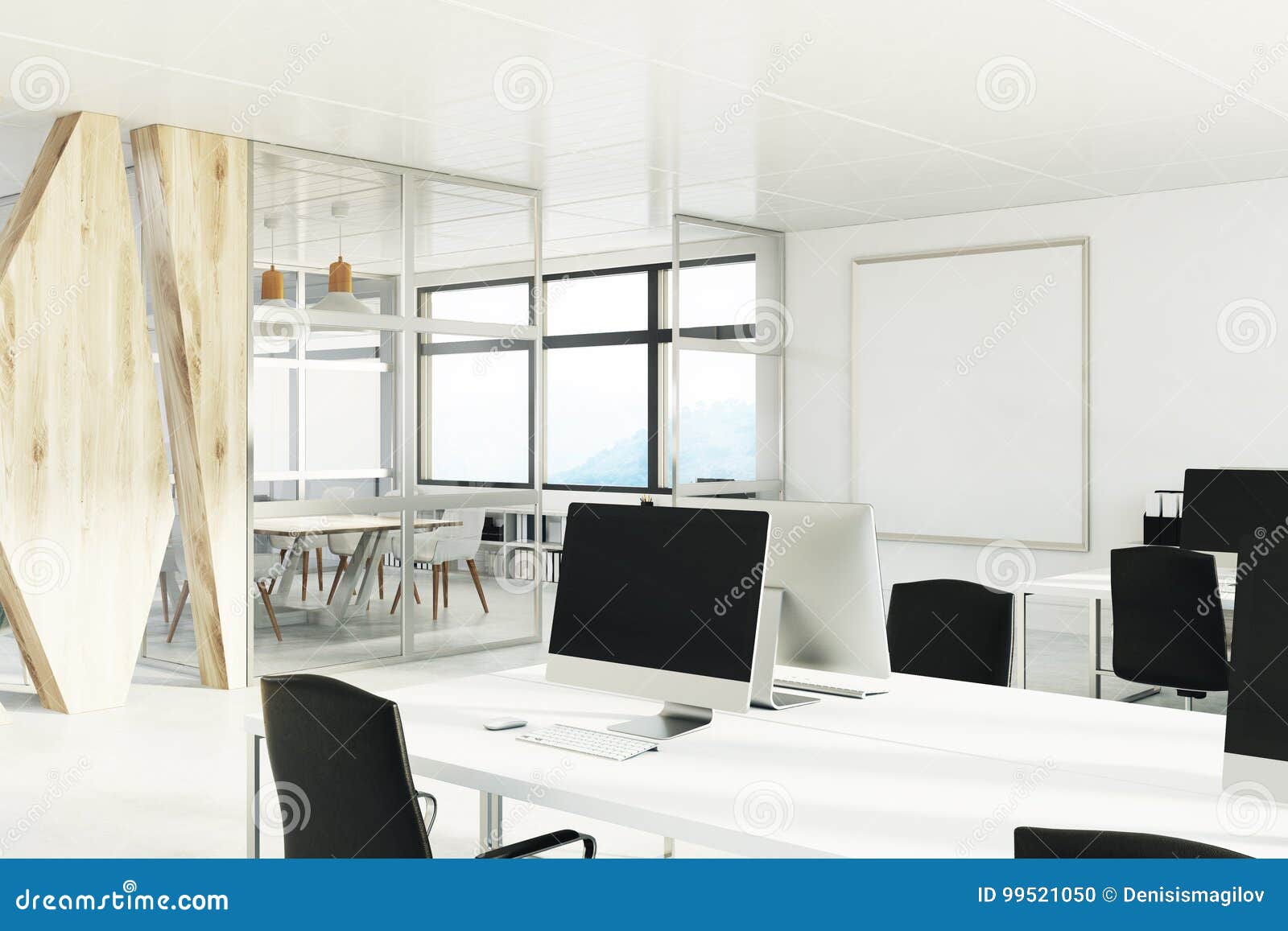 Open Space Office With A Wooden Wall Corner Stock