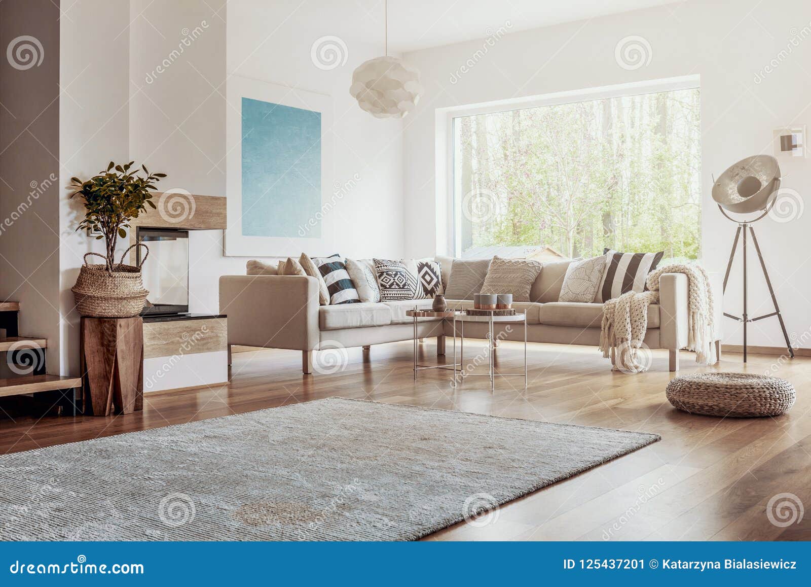 open space, white living room interior with a big rug on dark, hardwood floor and a beige corner sofa with cushions