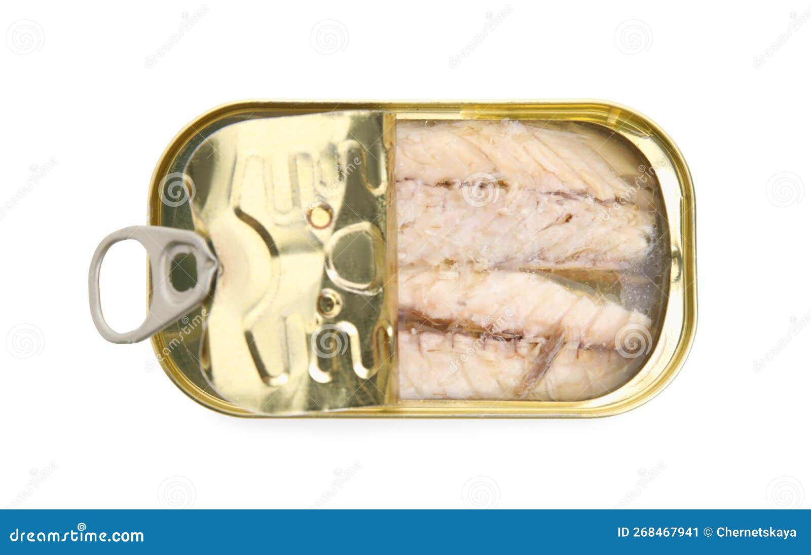 Open Tin Can with Mackerel Fillets Isolated on White, Top View Stock