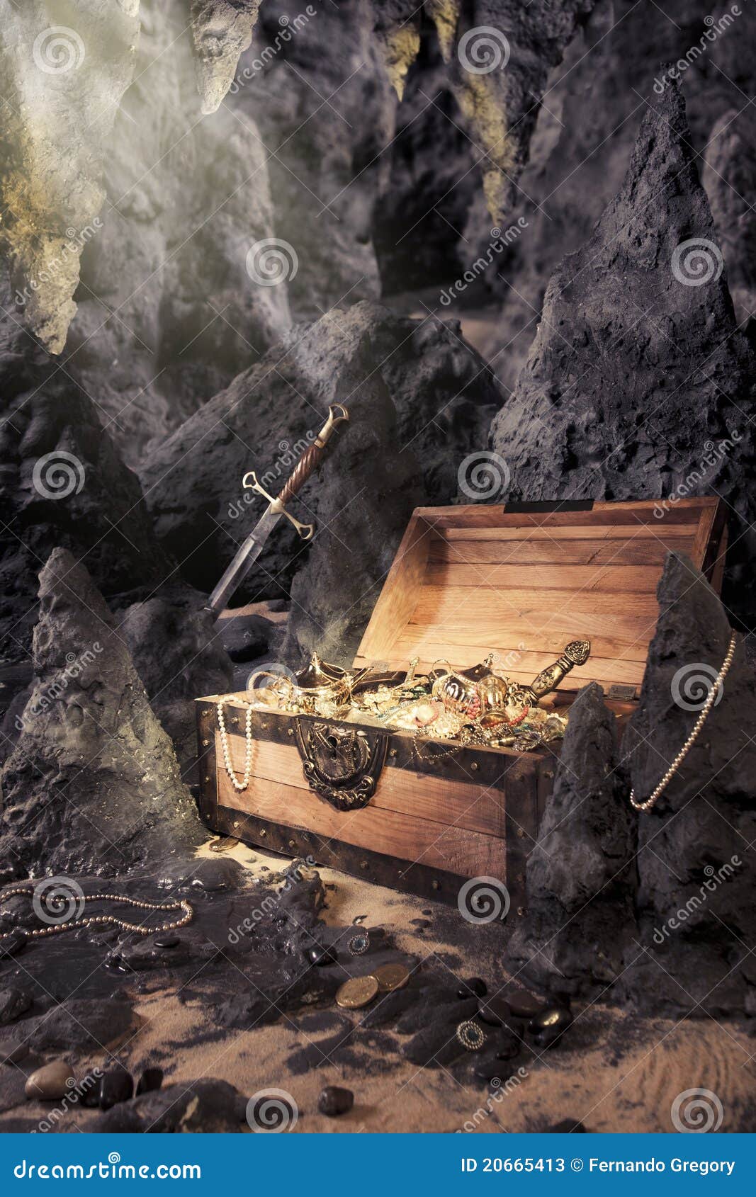 Open Treasure Chest with Bright Gold in a Cave Stock Image Image of
