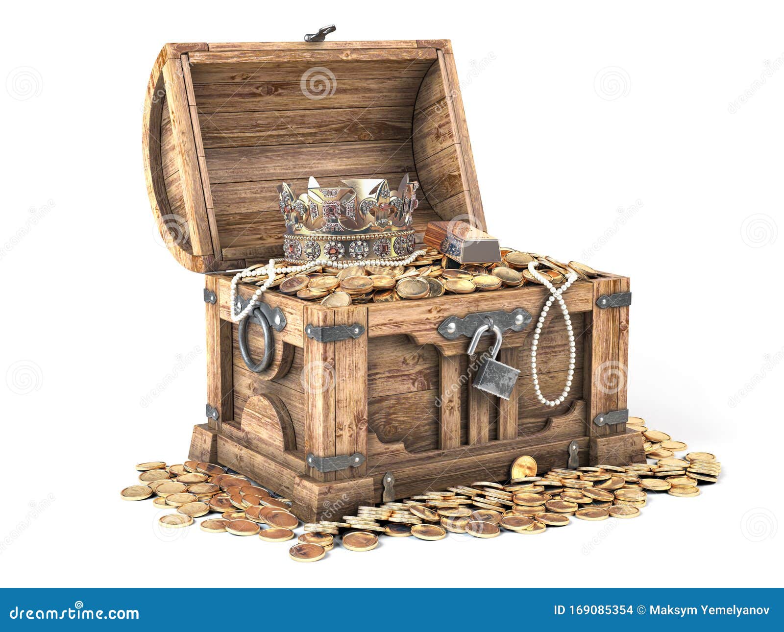 Open treasure chest with gold coins isolated on white Stock Photo