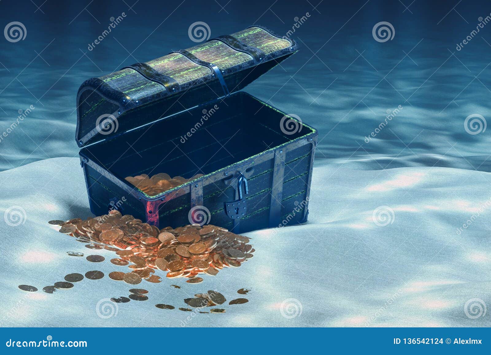 Open Treasure Chest with Gold Underwater, 3D Rendering Stock
