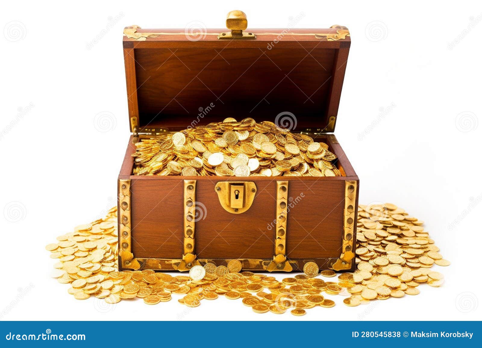 Open Treasure Chest Overflowing with Gold Coins. Isolated on White Stock  Illustration - Illustration of treasure, cash: 280545838