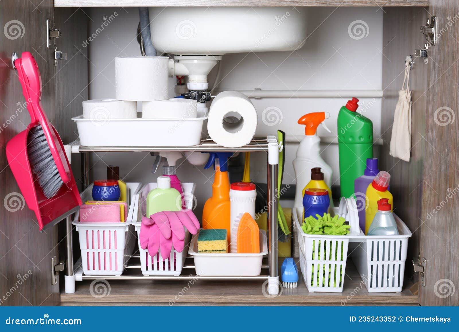Open Under Sink with Different Cleaning Supplies in Kitchen
