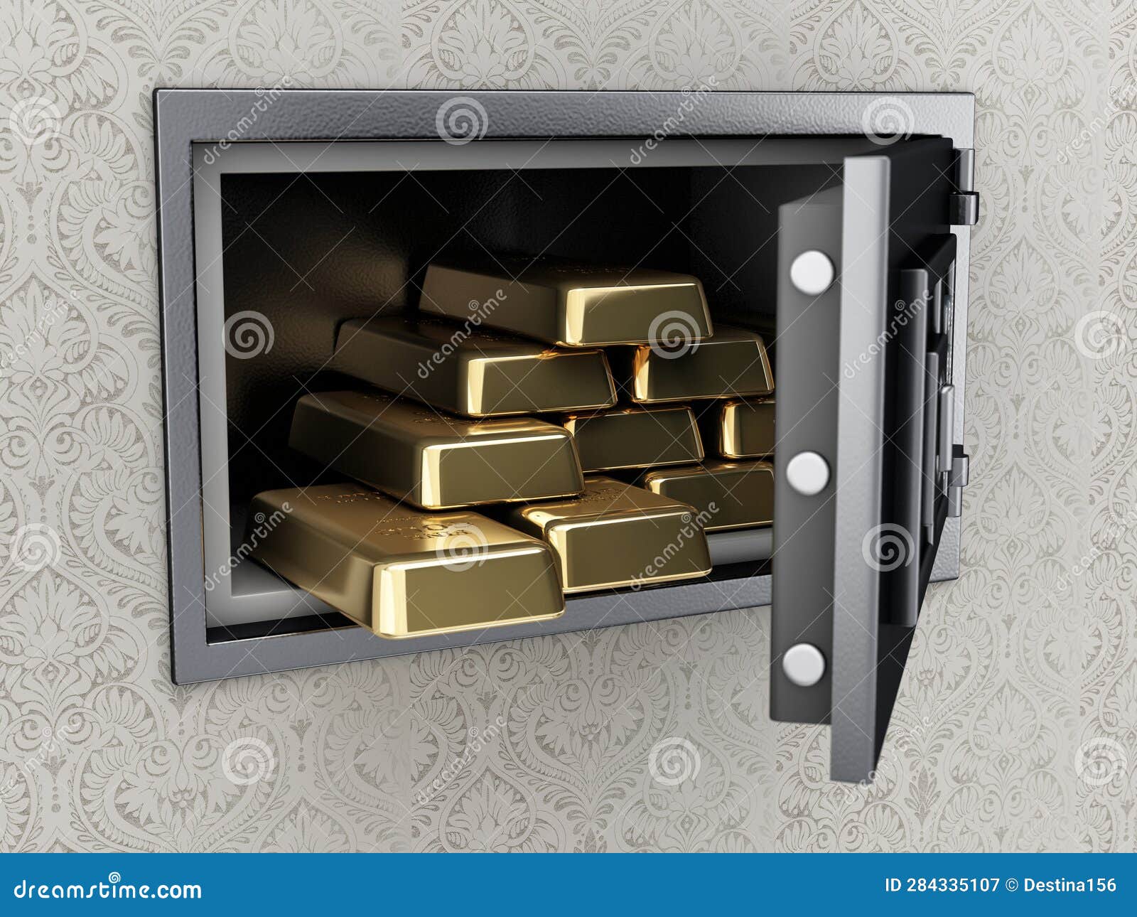 Open Wall Safe Full of Gold Ingots Mounted in the Wall. 3D Illustration Stock Illustration
