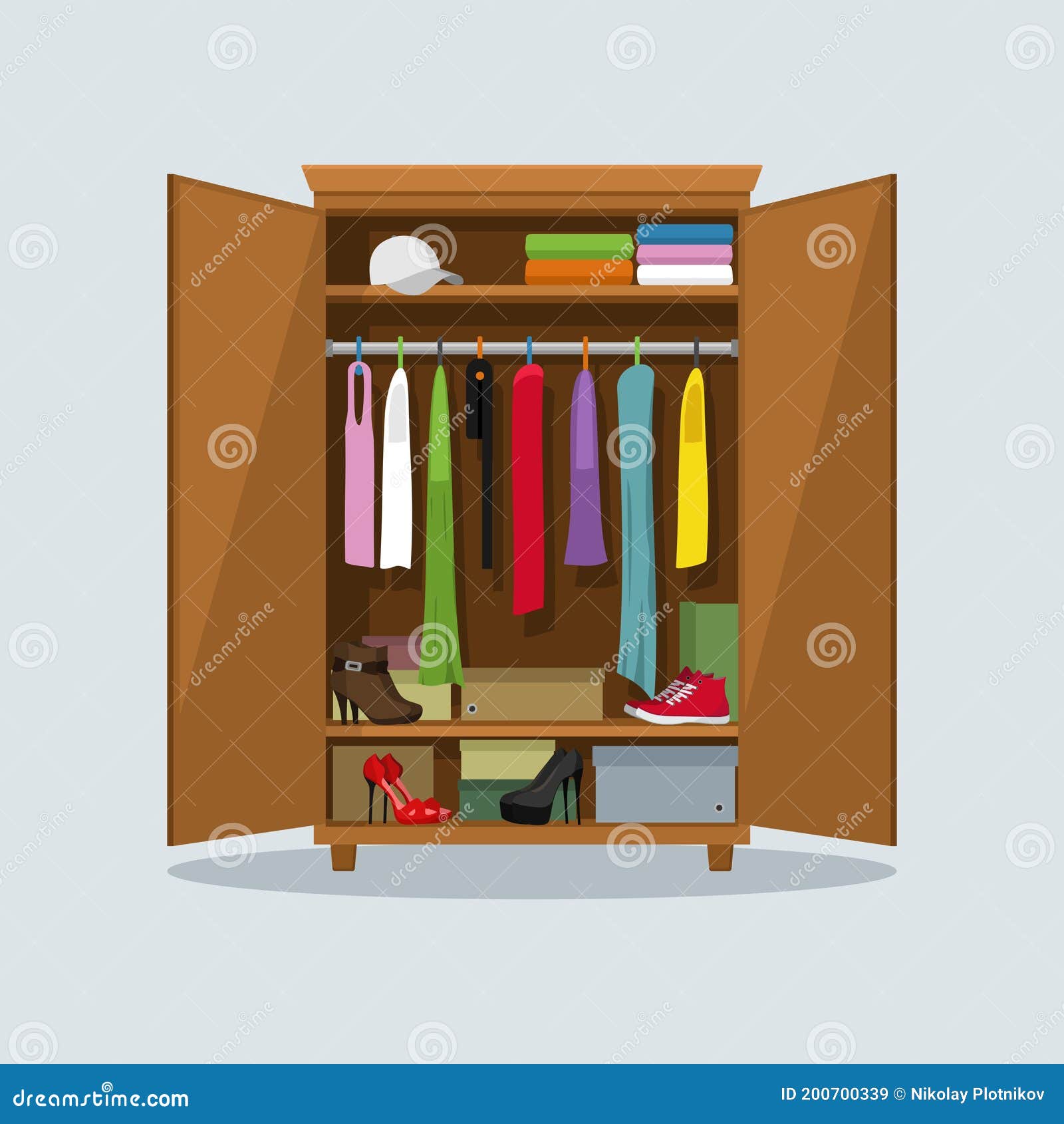 Open Wardrobe with Clothes. Closet with Clothes, Dresses, Shirts, Boxes ...