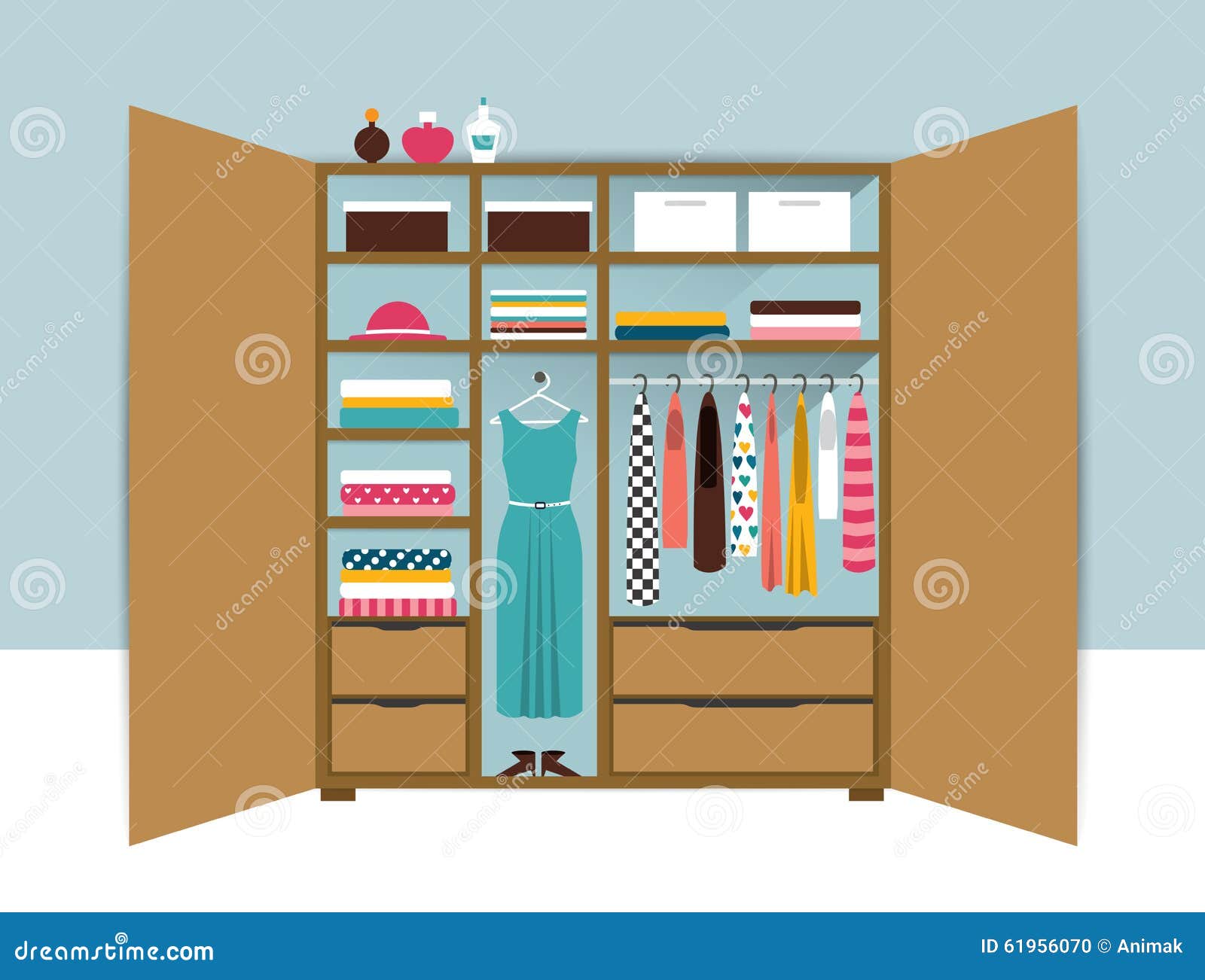 open wardrobe. wooden closet with tidy clothes, shirts, sweaters, boxes and shoes. home interior