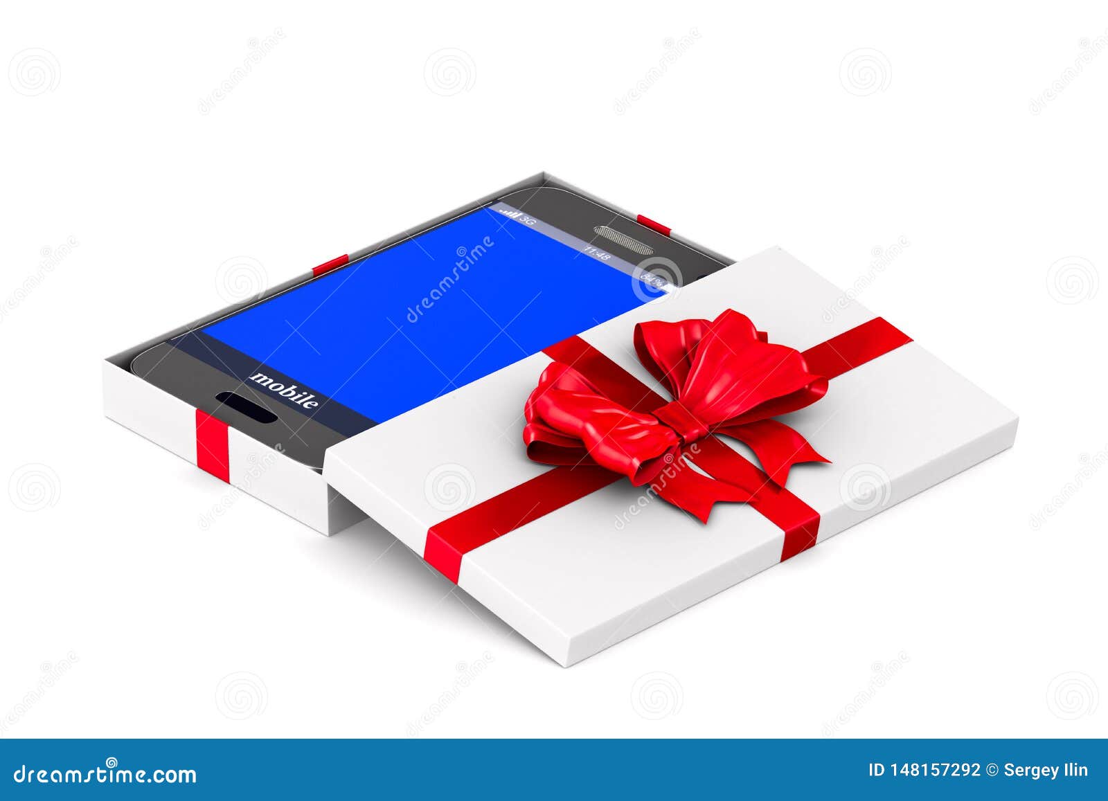 Open White Gift Box with Phone on White Background. Isolated 3D
