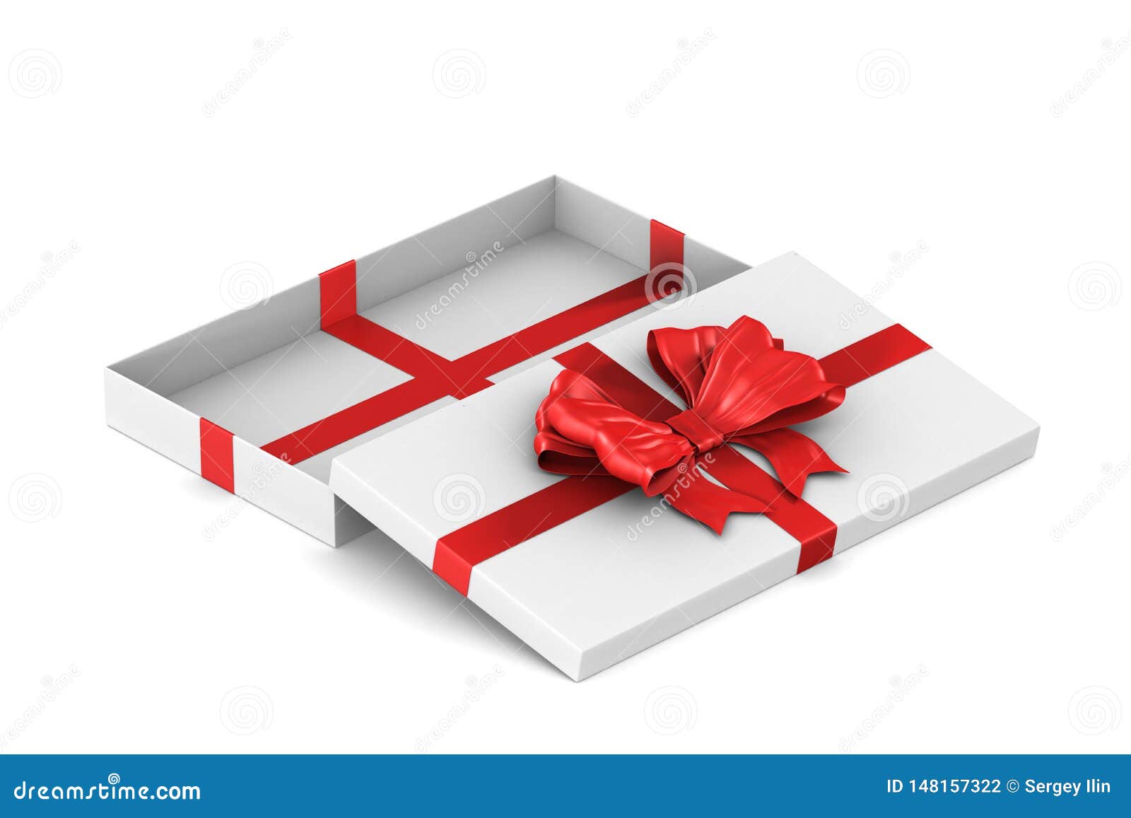 Open White Gift Box With Red Bow On White Background