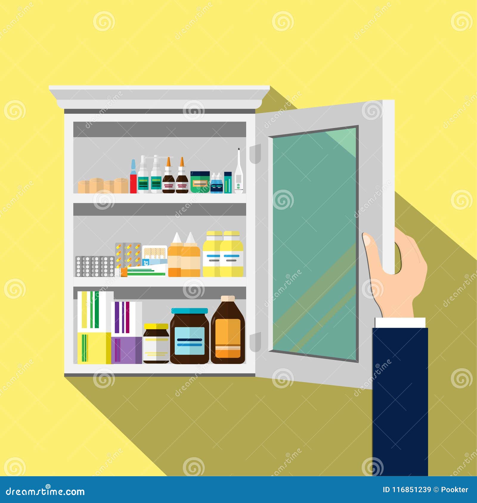 Open The White Wood Medicine Cabinet Yellow Background Vector Flat