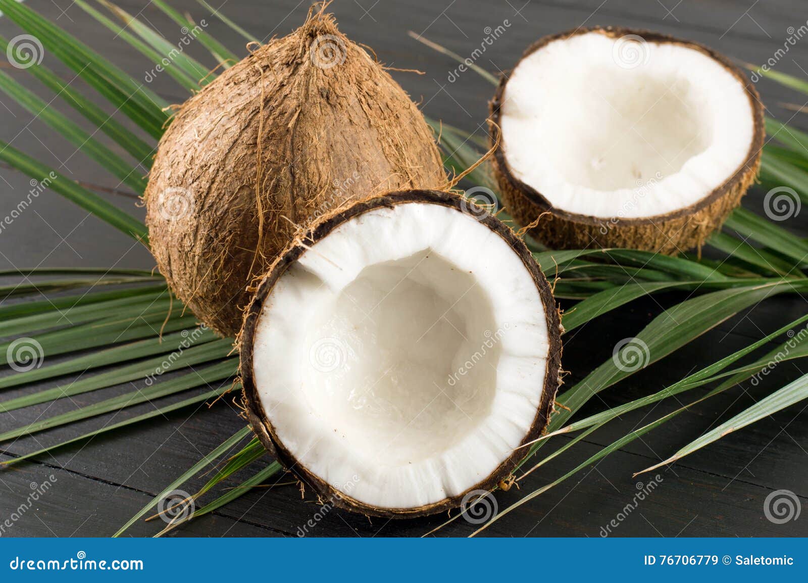 Open and Whole Coconuts and Palm Leaves Stock Image Image of healthy