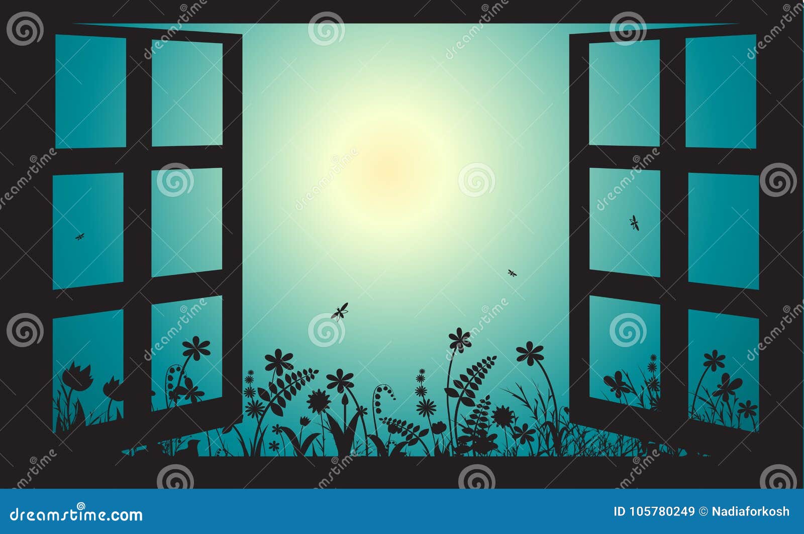 Open Window In Early Morning Summer Garden, Sun Rise, Stock Vector ... Open Window At Morning